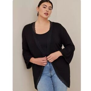 NWT Torrid Super Soft Lace Trim Ruffle Sleeve Cardigan Sweater Black 1X